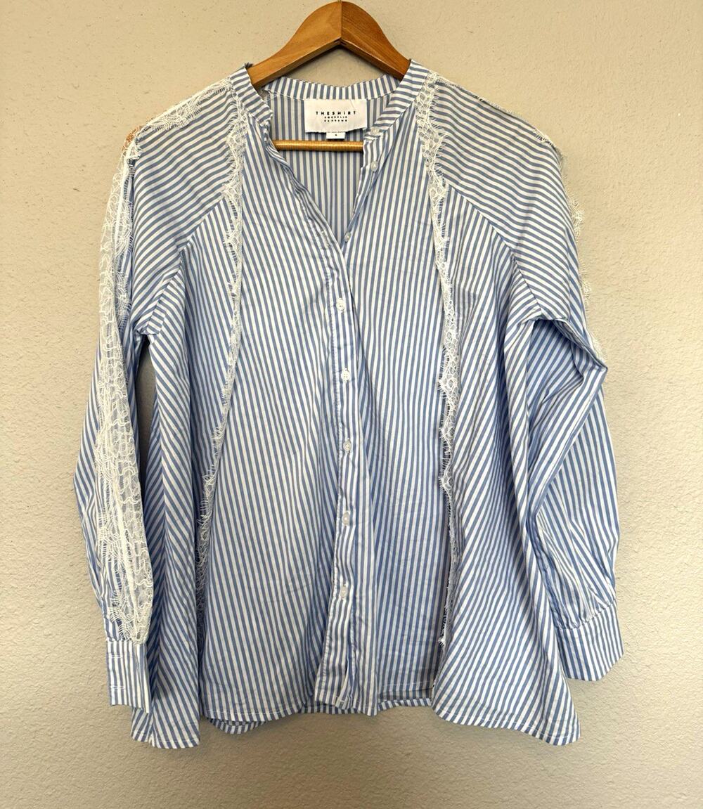 The Shirt by Rochelle Behrens Blue White Striped Blouse Women's Size S
